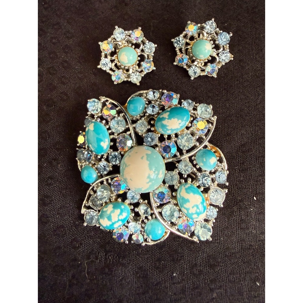 Weiss‎ Blue Rhinestone and Strippled Glass Jewelry Set